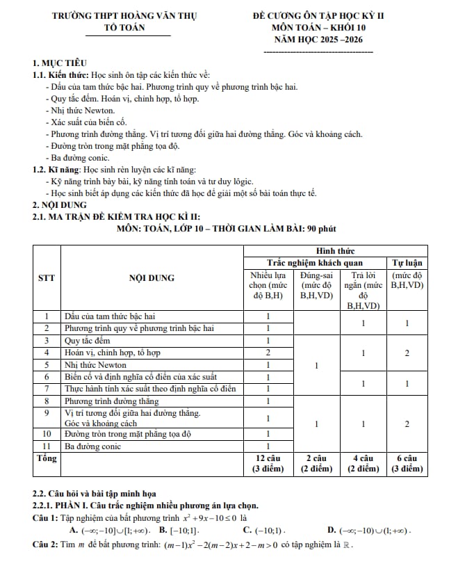 đề cương cuối kỳ 2 toán 10 năm 2025 – 2026 trường thpt hoàng văn thụ – hà nội