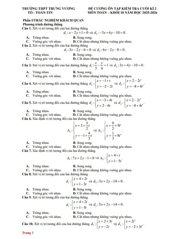 đề cương cuối kỳ 2 toán 10 năm 2025 – 2026 trường thpt trưng vương – gia lai