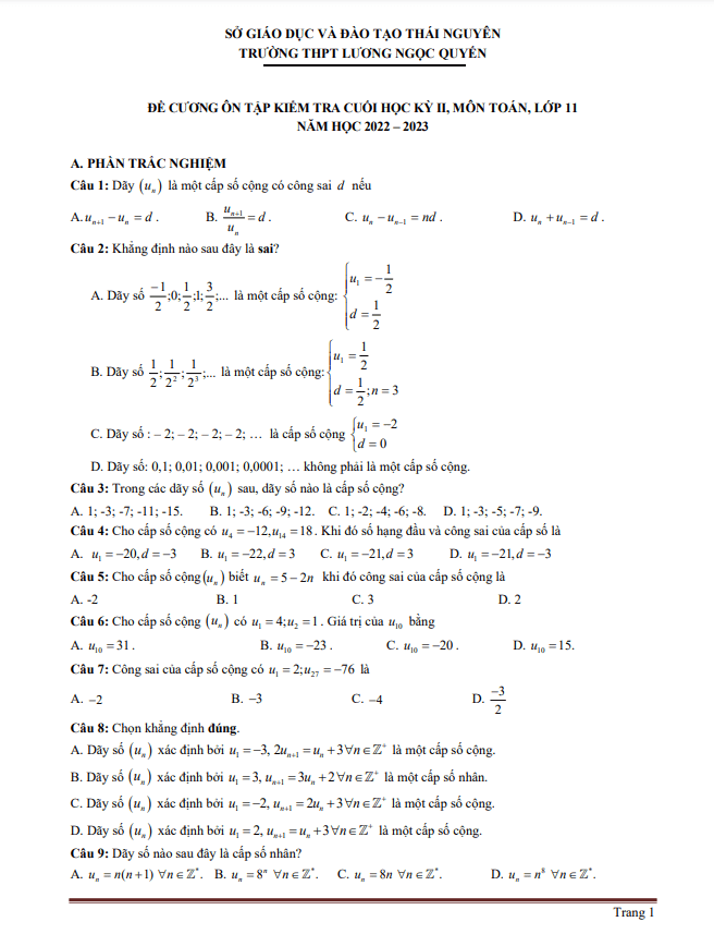 đề cương cuối kỳ 2 toán 11 năm 2022 – 2023 thpt lương ngọc quyến – thái nguyên