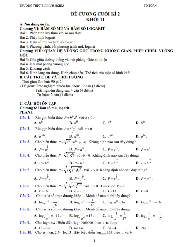 đề cương cuối kỳ 2 toán 11 năm 2025 – 2026 trường thpt bùi hữu nghĩa – cần thơ