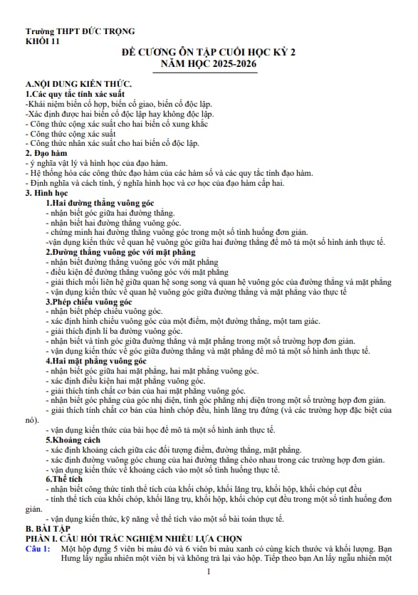 đề cương cuối kỳ 2 toán 11 năm 2025 – 2026 trường thpt đức trọng – lâm đồng