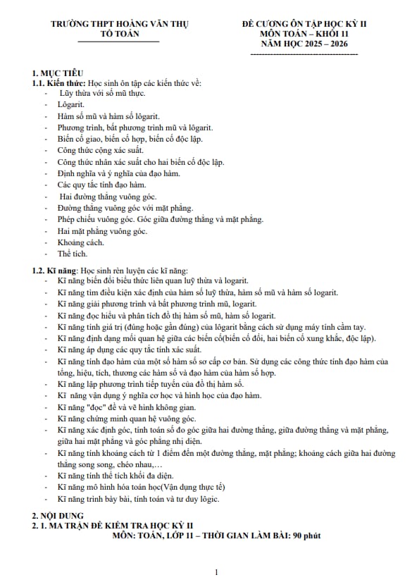 đề cương cuối kỳ 2 toán 11 năm 2025 – 2026 trường thpt hoàng văn thụ – hà nội