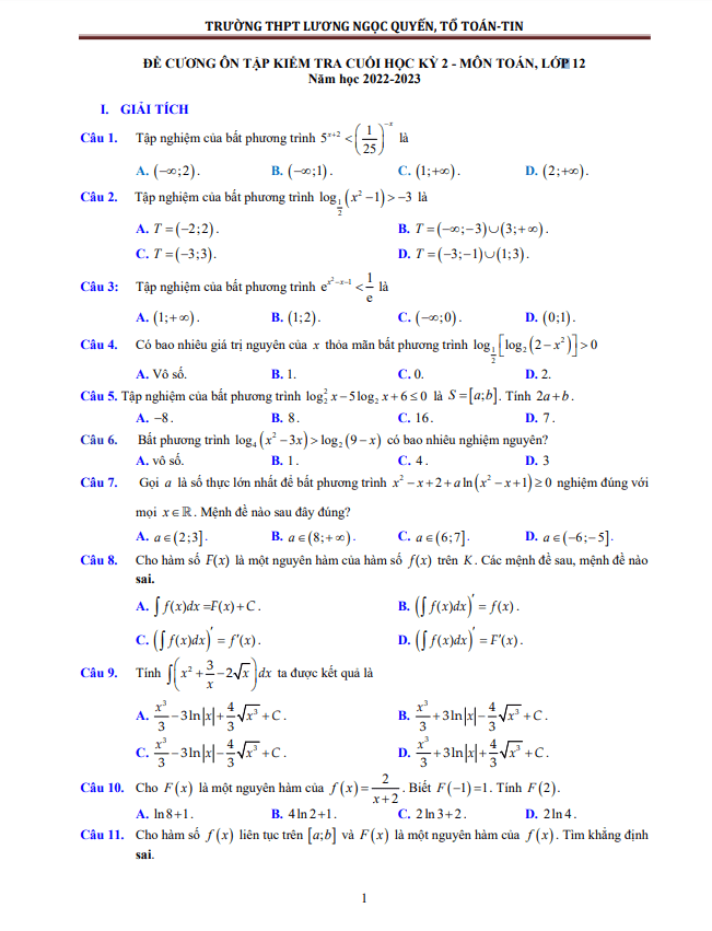 đề cương cuối kỳ 2 toán 12 năm 2022 – 2023 thpt lương ngọc quyến – thái nguyên