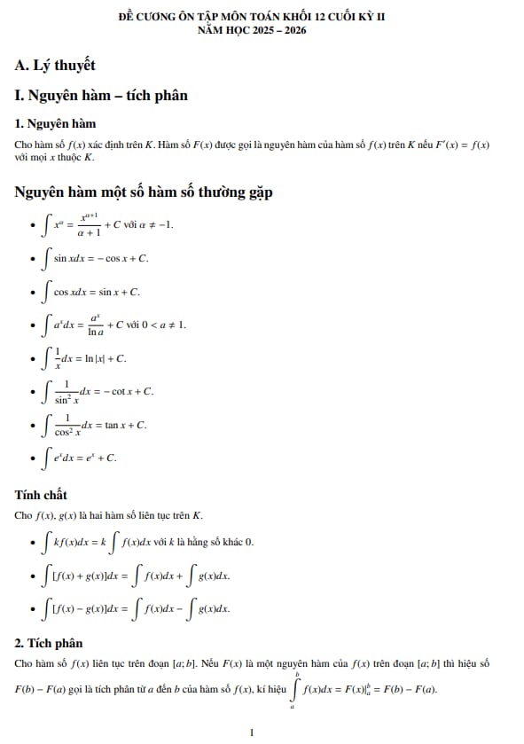 đề cương cuối kỳ 2 toán 12 năm 2025 – 2026 trường thpt đức trọng – lâm đồng