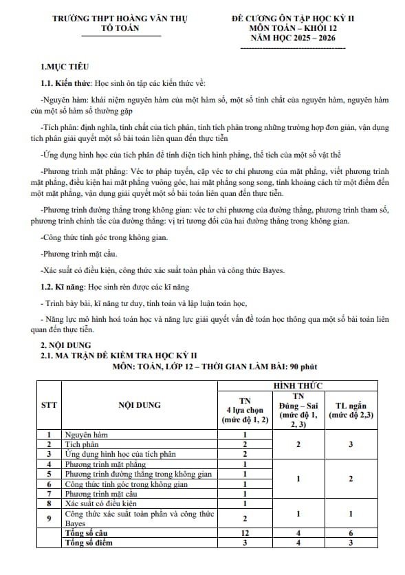 đề cương cuối kỳ 2 toán 12 năm 2025 – 2026 trường thpt hoàng văn thụ – hà nội