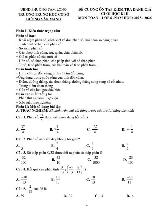đề cương cuối kỳ 2 toán 6 năm 2025 – 2026 trường thcs dương văn mạnh – tp hcm