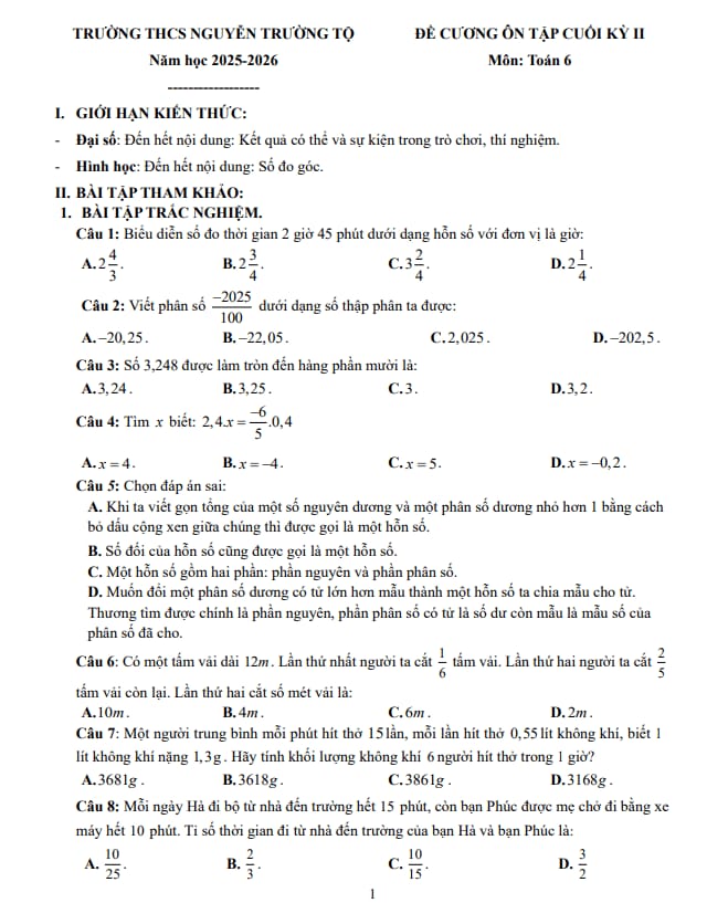 đề cương cuối kỳ 2 toán 6 năm 2025 – 2026 trường thcs nguyễn trường tộ – hà nội