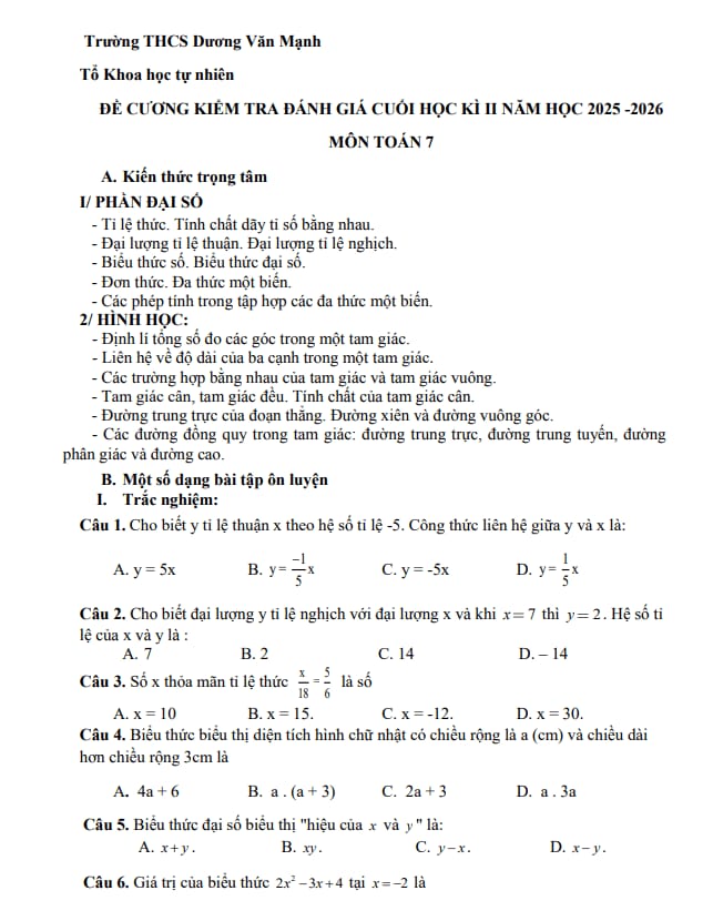 đề cương cuối kỳ 2 toán 7 năm 2025 – 2026 trường thcs dương văn mạnh – tp hcm
