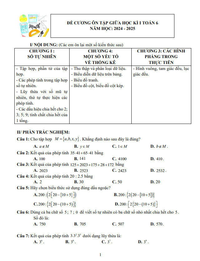 đề cương giữa học kì 1 toán 6 năm 2024 – 2025 trường thcs phước nguyên – br vt