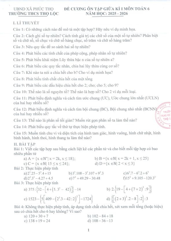 đề cương giữa học kì 1 toán 6 năm 2025 – 2026 trường thcs thọ lộc – hà nội