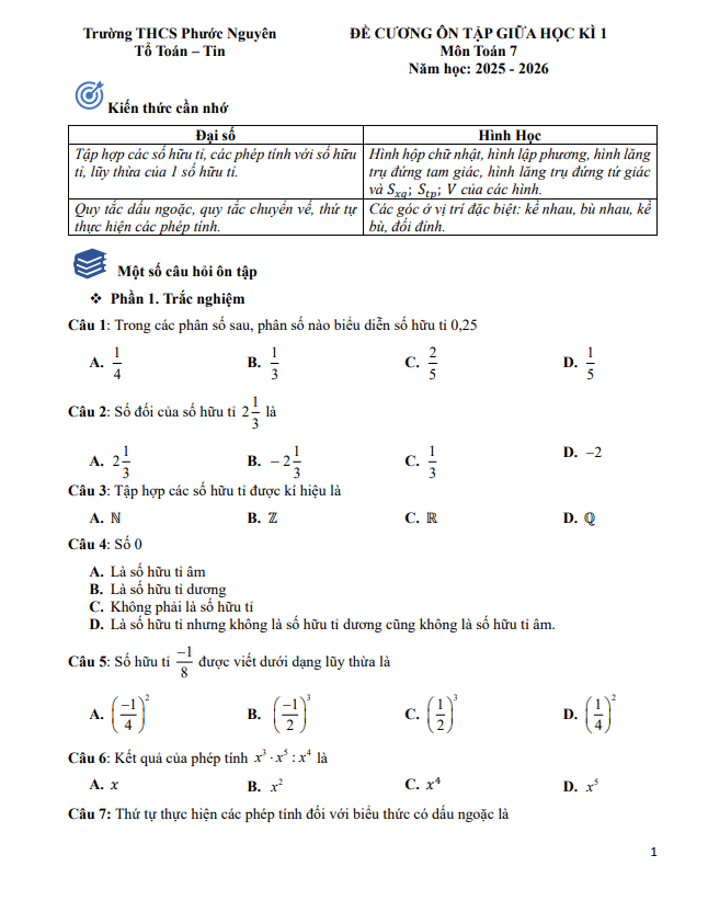 đề cương giữa học kì 1 toán 7 năm 2025 – 2026 trường thcs phước nguyên – tp hcm