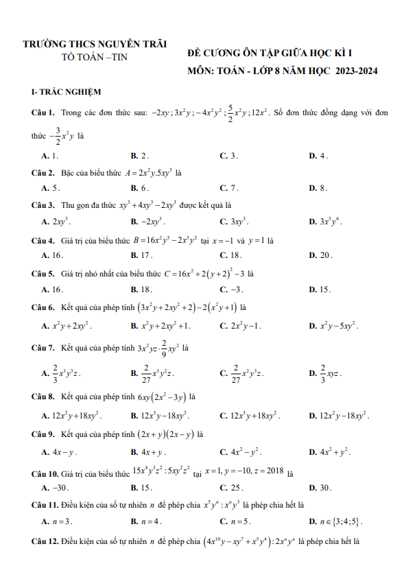 đề cương giữa học kì 1 toán 8 năm 2023 – 2024 trường thcs nguyễn trãi – quảng trị
