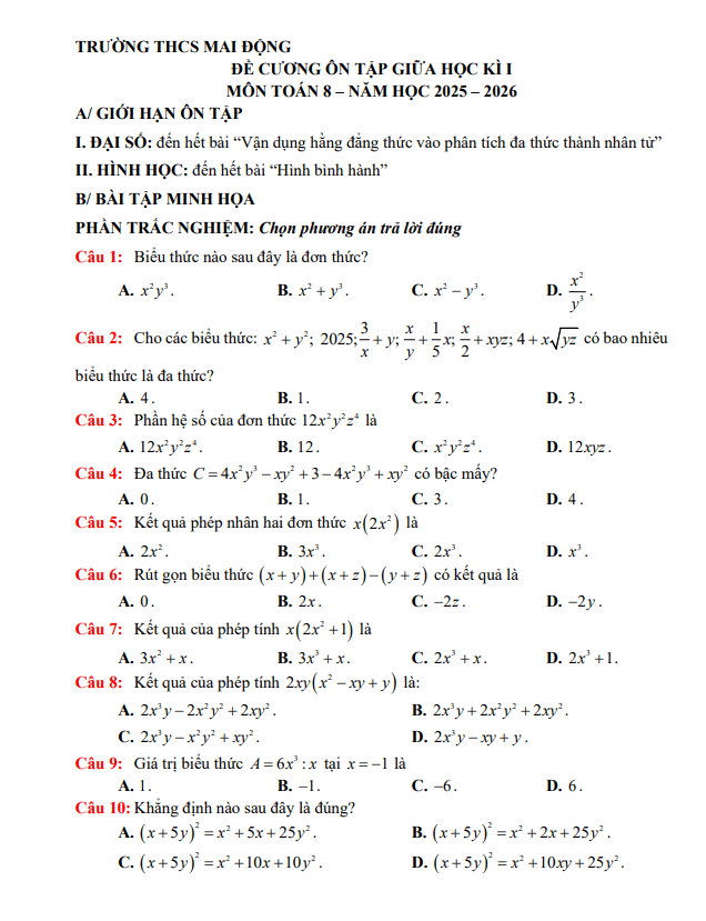 đề cương giữa học kì 1 toán 8 năm 2025 – 2026 trường thcs mai động – hà nội