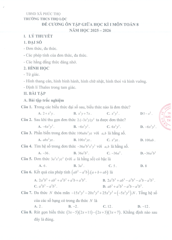 đề cương giữa học kì 1 toán 8 năm 2025 – 2026 trường thcs thọ lộc – hà nội