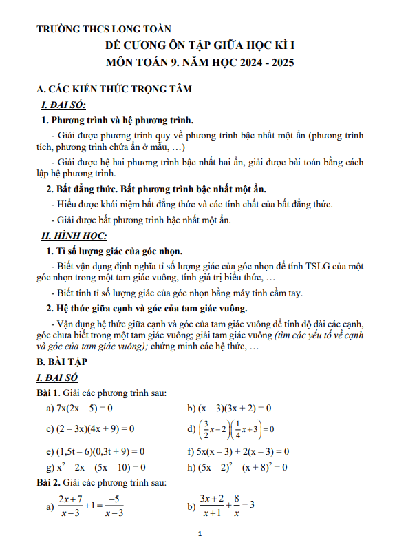 đề cương giữa học kì 1 toán 9 năm 2024 – 2025 trường thcs long toàn – br vt