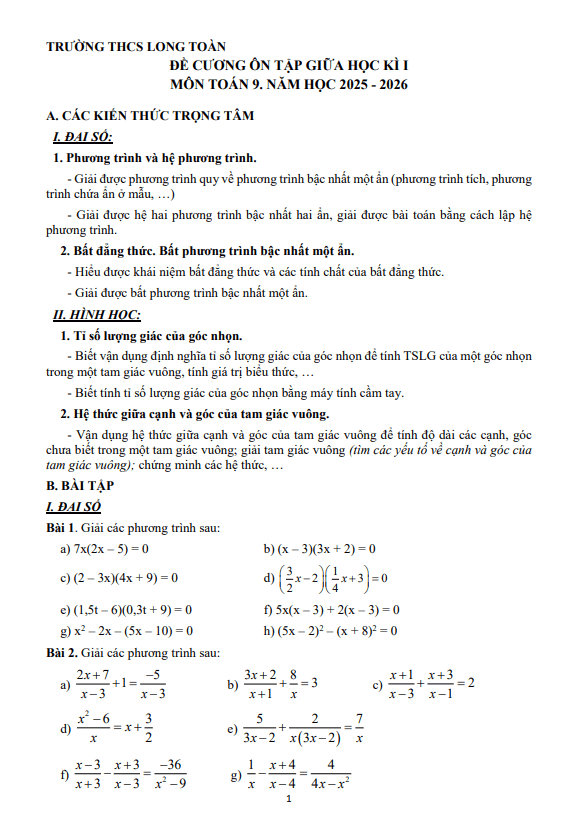 đề cương giữa học kì 1 toán 9 năm 2025 – 2026 trường thcs long toàn – tp hcm