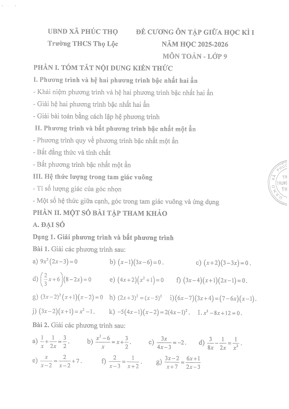 đề cương giữa học kì 1 toán 9 năm 2025 – 2026 trường thcs thọ lộc – hà nội