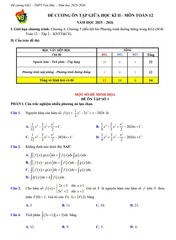 đề cương giữa học kì 2 toán 12 năm 2025 – 2026 trường thpt việt đức – hà nội