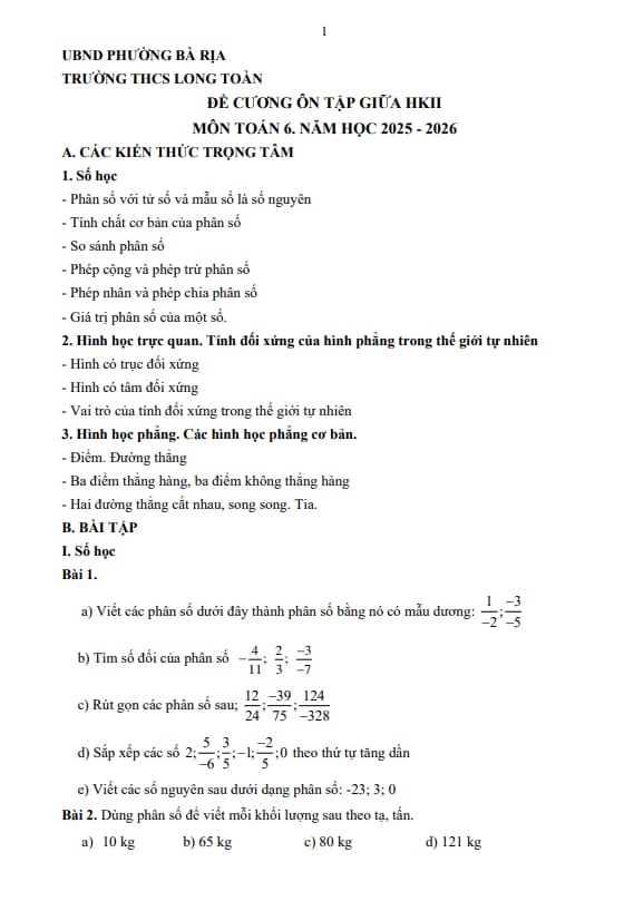 đề cương giữa học kì 2 toán 6 năm 2025 – 2026 trường thcs long toàn – tp hcm