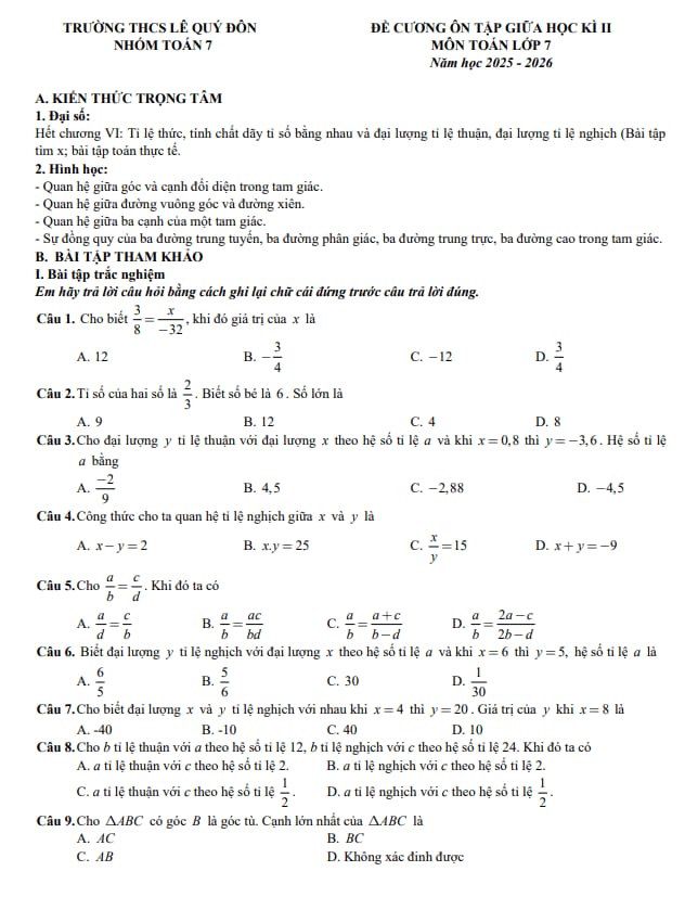 đề cương giữa học kì 2 toán 7 năm 2025 – 2026 trường thcs lê quý đôn – hà nội