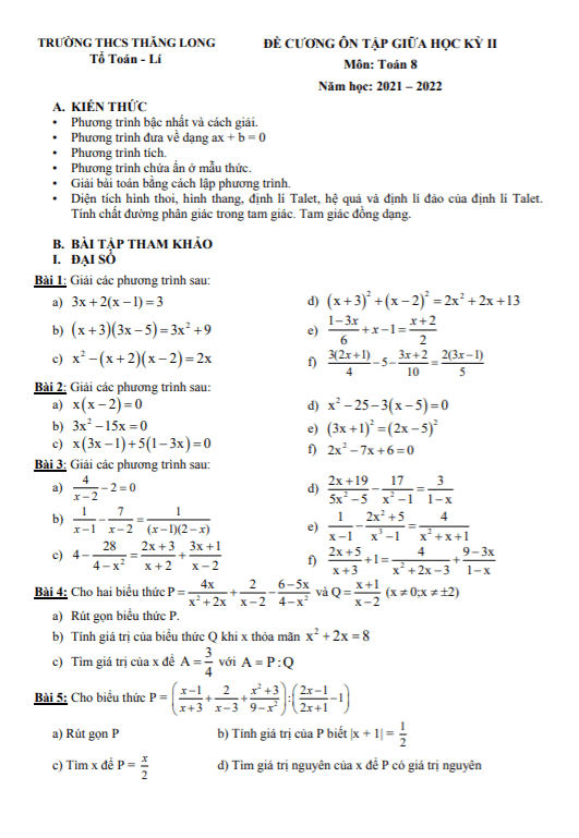 đề cương giữa học kì 2 toán 8 năm 2021 – 2022 trường thcs thăng long – hà nội