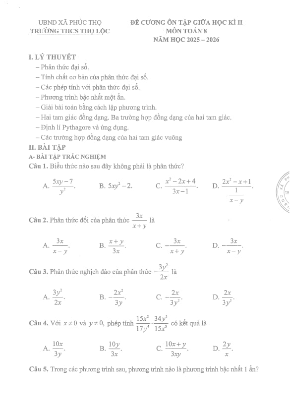 đề cương giữa học kì 2 toán 8 năm 2025 – 2026 trường thcs thọ lộc – hà nội