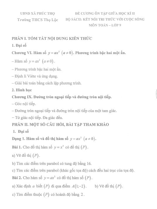 đề cương giữa học kì 2 toán 9 năm 2025 – 2026 trường thcs thọ lộc – hà nội