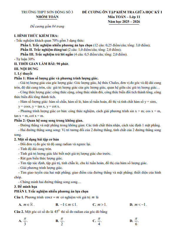 đề cương giữa học kỳ 1 toán 11 năm 2025 – 2026 trường thpt sơn động 3 – bắc ninh