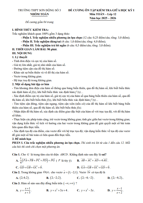đề cương giữa học kỳ 1 toán 12 năm 2025 – 2026 trường thpt sơn động 3 – bắc ninh