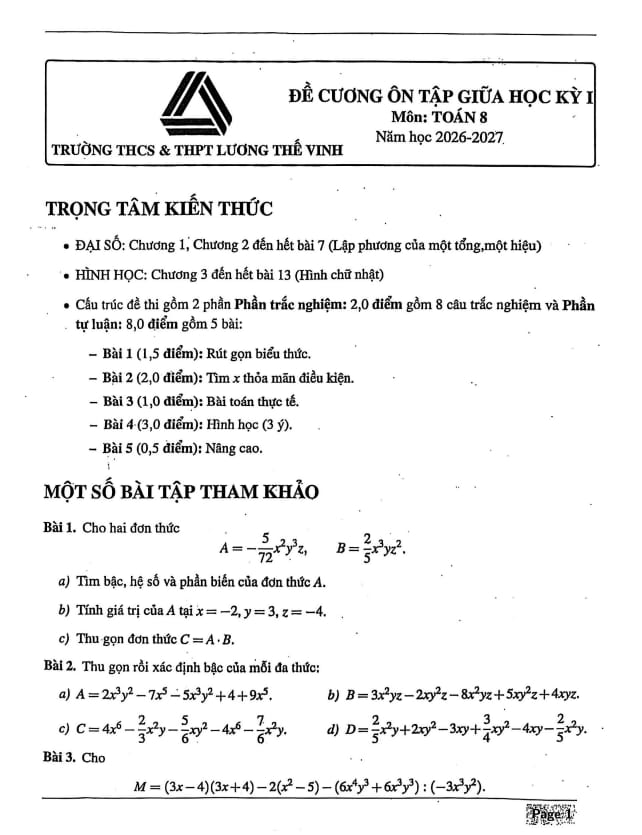 đề cương giữa học kỳ 1 toán 8 năm 2026 – 2027 trường lương thế vinh – hà nội