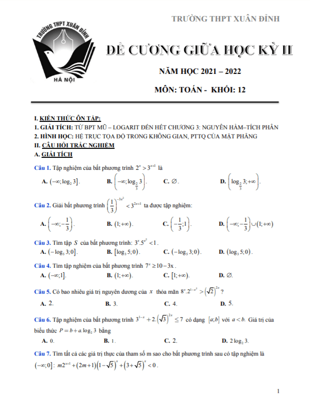 đề cương giữa học kỳ 2 toán 12 năm 2021 – 2022 trường thpt xuân đỉnh – hà nội
