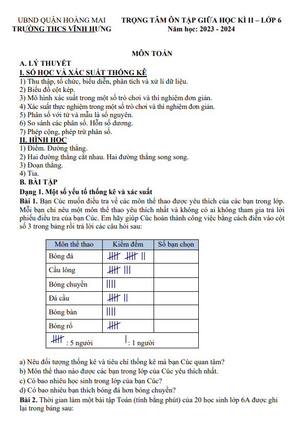 đề cương giữa học kỳ 2 toán 6 năm 2023 – 2024 trường thcs vĩnh hưng – hà nội