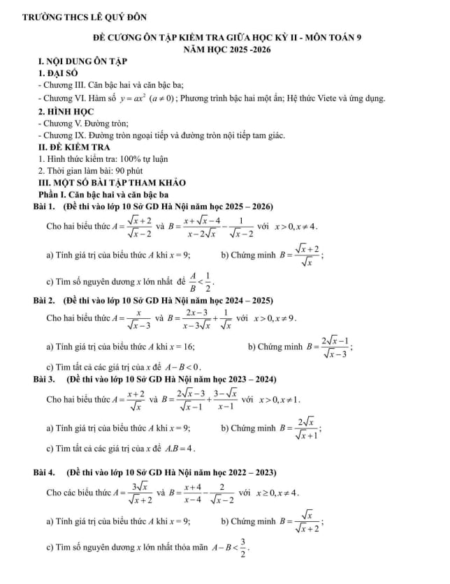 đề cương giữa học kỳ 2 toán 9 năm 2025 – 2026 trường thcs lê quý đôn – hà nội
