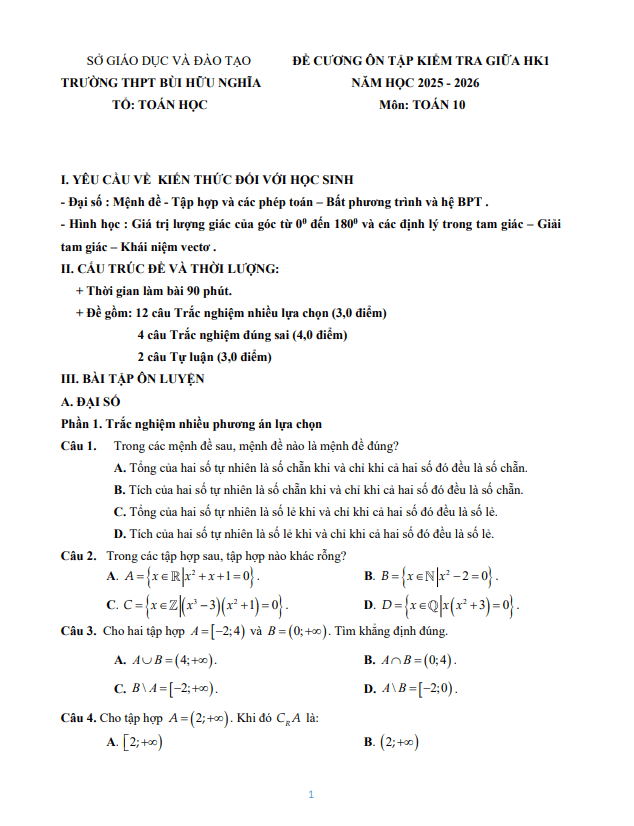 đề cương giữa kì 1 toán 10 năm 2025 – 2026 trường thpt bùi hữu nghĩa – cần thơ