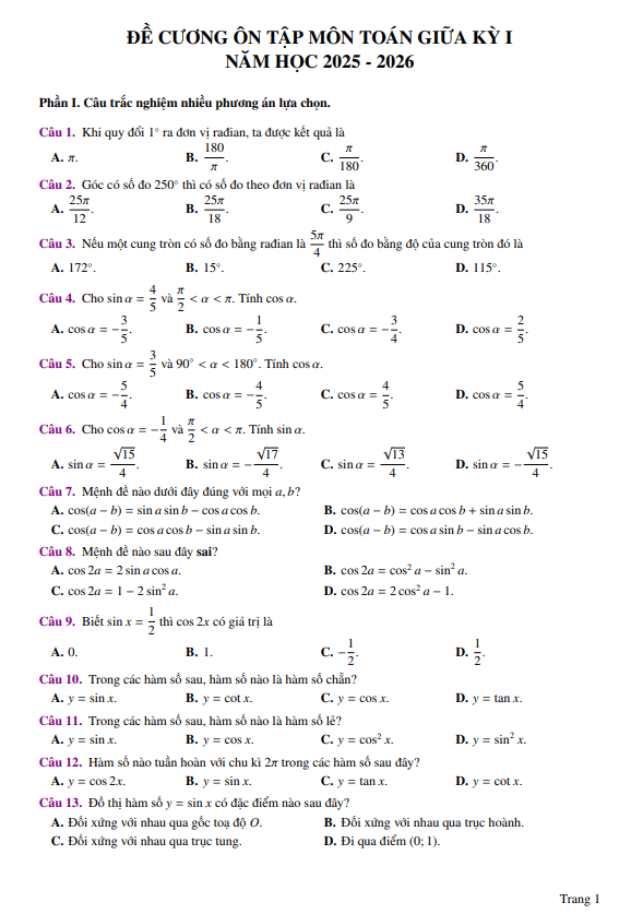 đề cương giữa kì 1 toán 11 năm 2025 – 2026 trường thpt đức trọng – lâm đồng