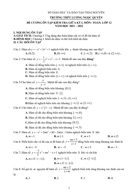 đề cương giữa kì 1 toán 12 năm 2021 – 2022 trường thpt lương ngọc quyến – thái nguyên