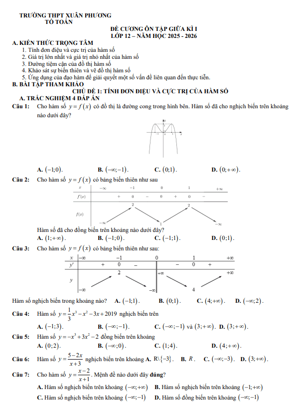 đề cương giữa kì 1 toán 12 năm 2025 – 2026 trường thpt xuân phương – hà nội