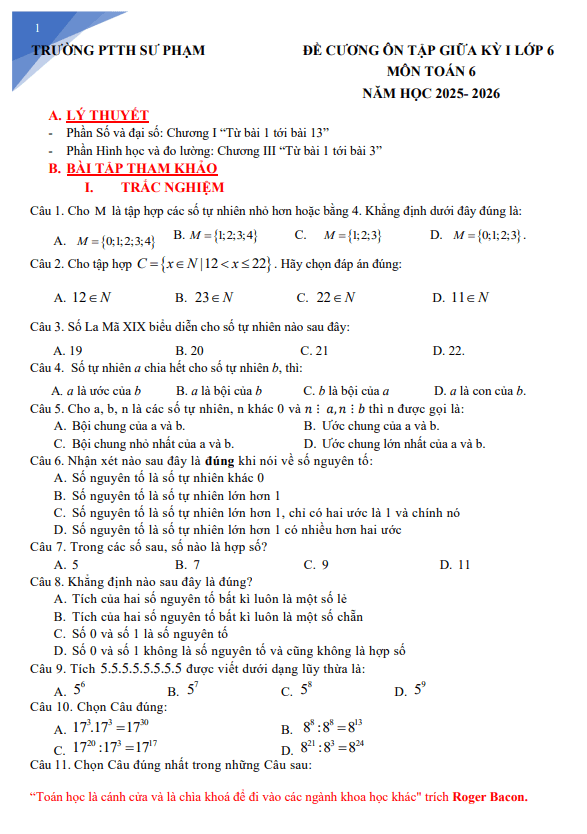 đề cương giữa kì 1 toán 6 năm 2025 – 2026 trường pt thực hành sư phạm – đồng nai