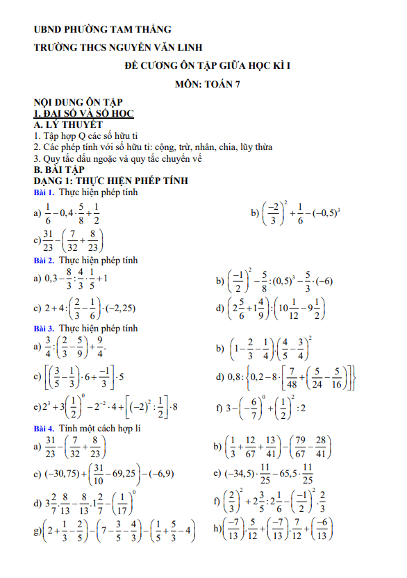 đề cương giữa kì 1 toán 7 năm 2025 – 2026 trường thcs nguyễn văn linh – tp hcm