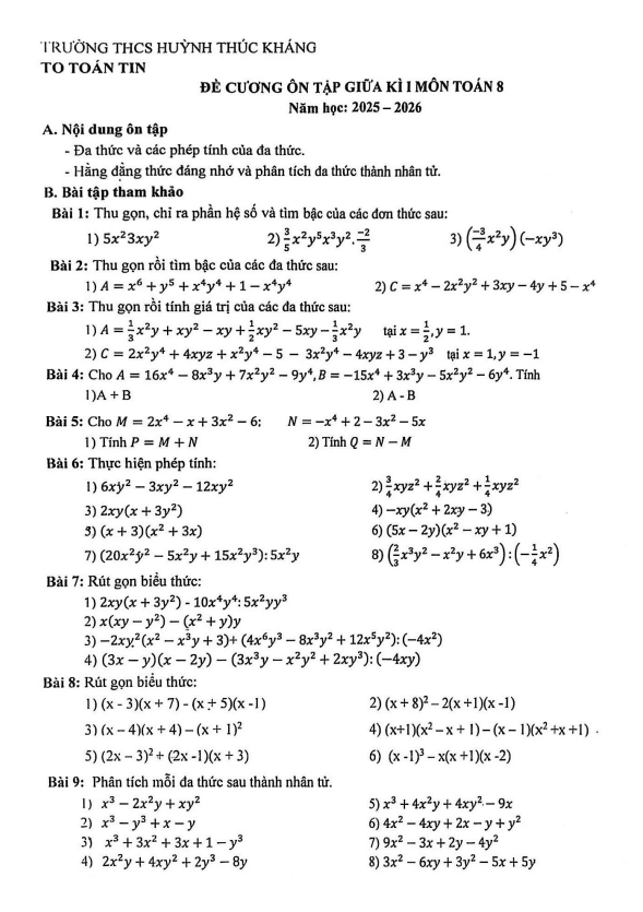 đề cương giữa kì 1 toán 8 năm 2025 – 2026 trường thcs huỳnh thúc kháng – đà nẵng