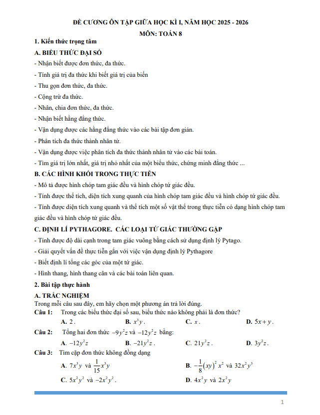 đề cương giữa kì 1 toán 8 năm 2025 – 2026 trường thcs nguyễn văn linh – tp hcm