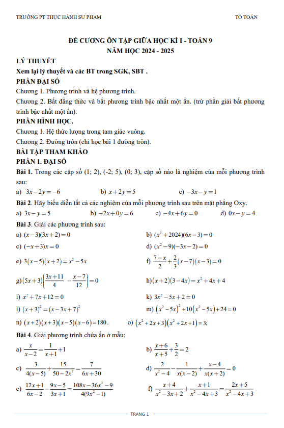 đề cương giữa kì 1 toán 9 năm 2024 – 2025 trường pt thực hành sư phạm – đồng nai