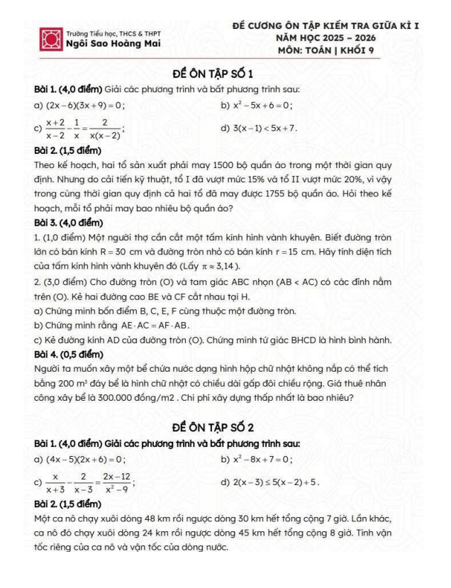 đề cương giữa kì 1 toán 9 năm 2025 – 2026 trường ngôi sao hoàng mai – hà nội