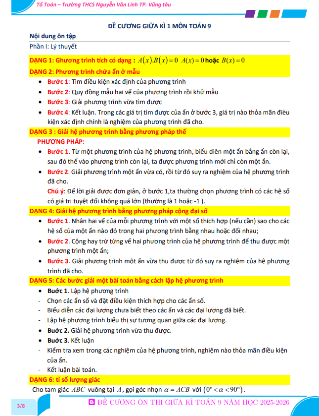 đề cương giữa kì 1 toán 9 năm 2025 – 2026 trường thcs nguyễn văn linh – tp hcm