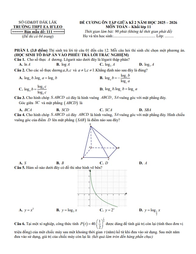 đề cương giữa kì 2 toán 11 năm 2025 – 2026 trường thpt ea h’leo – đắk lắk