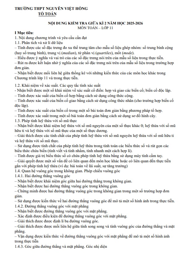 đề cương giữa kì 2 toán 11 năm 2025 – 2026 trường thpt nguyễn việt hồng – cần thơ