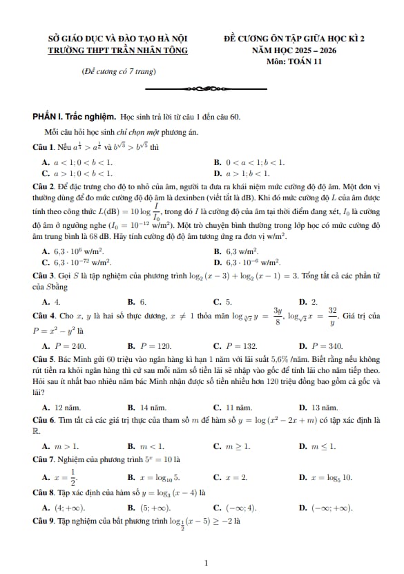 đề cương giữa kì 2 toán 11 năm 2025 – 2026 trường thpt trần nhân tông – hà nội