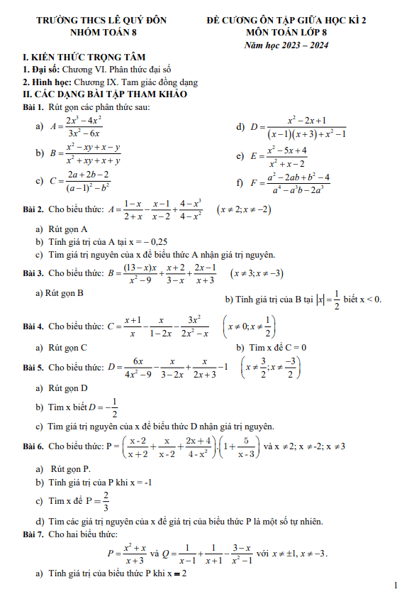đề cương giữa kì 2 toán 8 năm 2023 – 2024 trường thcs lê quý đôn – hà nội