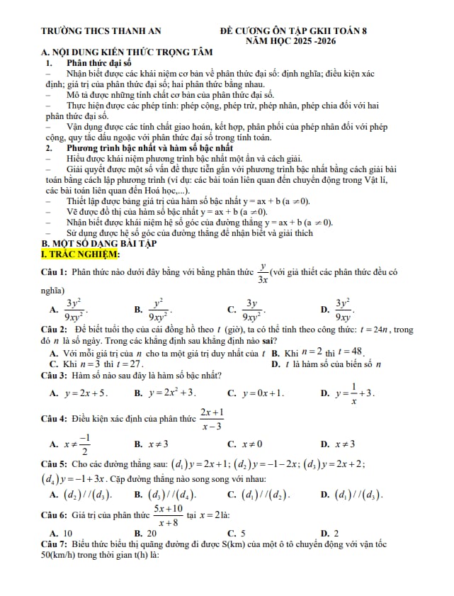 đề cương giữa kì 2 toán 8 năm 2025 – 2026 trường thcs thanh an – quảng trị
