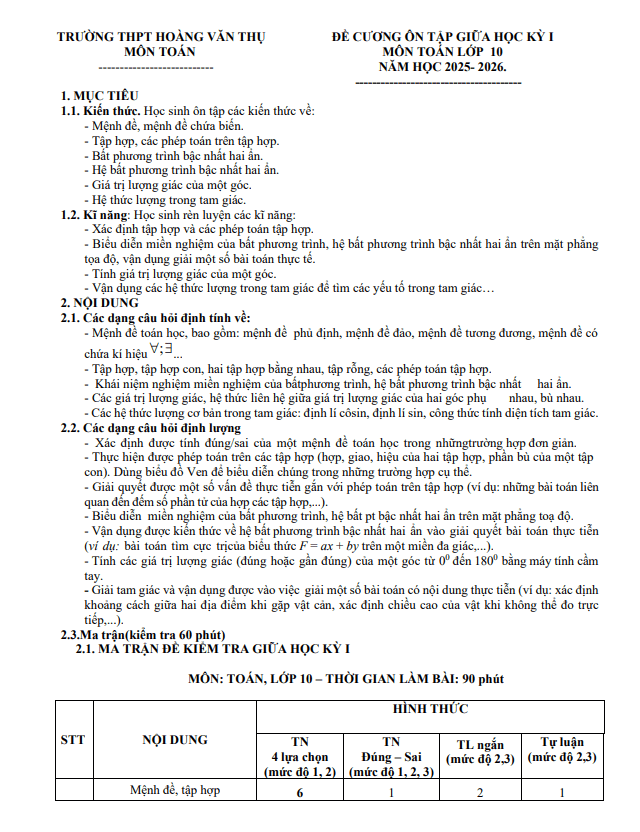 đề cương giữa kỳ 1 toán 10 năm 2025 – 2026 trường thpt hoàng văn thụ – hà nội